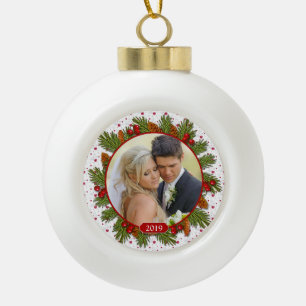 Pine Boughs Holly First Christmas Together Photo Ceramic Ball Christmas Ornament