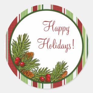 Pine Boughs Holly Stripes Christmas Xmas Stickers