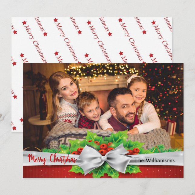 Pine Bow With Holly Photo Christmas Holiday Card (Front/Back)