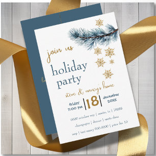 Pine Branch and Gold Snowflakes Holiday Party Invitation