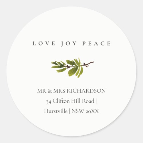 Pine Branch Christmas Address Love Joy Peace Classic Round Sticker