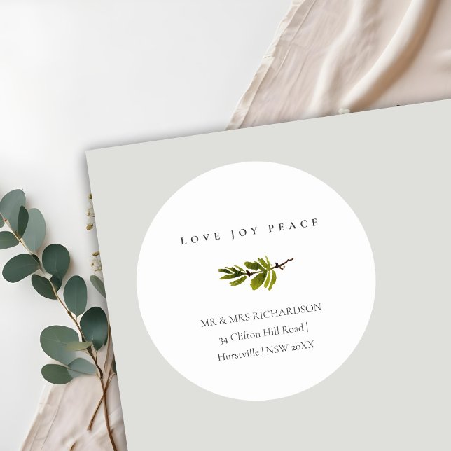 Pine Branch Christmas Address Love Joy Peace Classic Round Sticker (Creator Uploaded)
