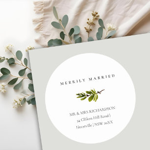 Pine Branch Christmas Address Merrily Married Classic Round Sticker