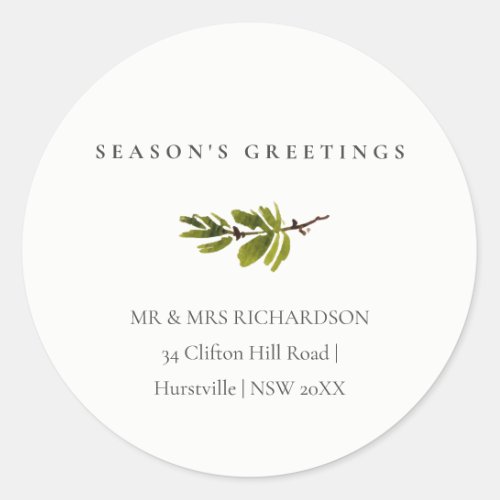 Pine Branch Christmas Address Seasons Greetings Classic Round Sticker