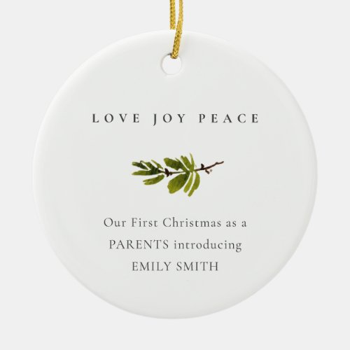 Pine Branch First Christmas Photo Love Joy Peace Ceramic Ornament