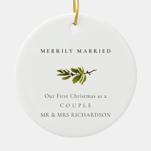 Pine Branch First Christmas Photo Merrily Married Ceramic Ornament