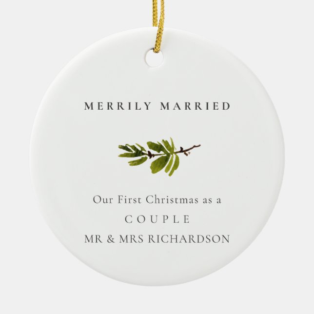 Pine Branch First Christmas Photo Merrily Married Ceramic Ornament (Front)