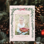 Pine Branch Frame Photo Blush Pink Christmas Holiday Card<br><div class="desc">This elegant photo holiday card features a pine tree branch frame (border) with a charming red bow and simple typography. Send Christmas cheer to  family and friends.</div>