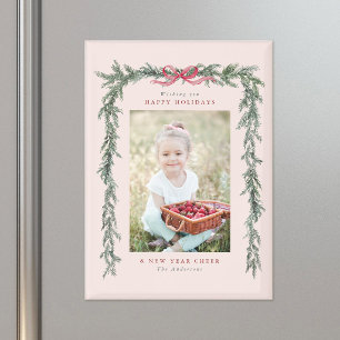 Pine Branch Frame Photo Blush Pink Christmas Magnet