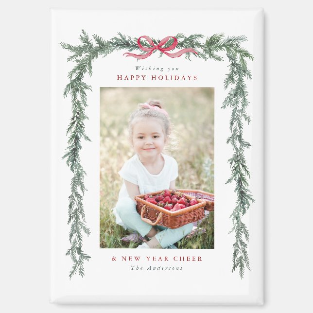 Pine Branch Frame Photo Christmas Holiday Magnet (Front)