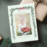 Pine Branch Frame Photo Mint Green Christmas Holiday Card<br><div class="desc">This elegant photo holiday card features a pine tree branch frame (border) with a charming red bow and simple typography. Send Christmas cheer to  family and friends.</div>