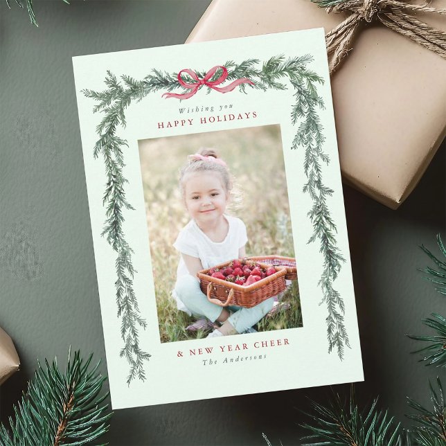 Pine Branch Frame Photo Mint Green Christmas Holiday Card (Creator Uploaded)