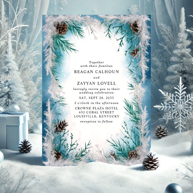 Pine Branch Frost Winter Wedding Invitation (Creator Uploaded)
