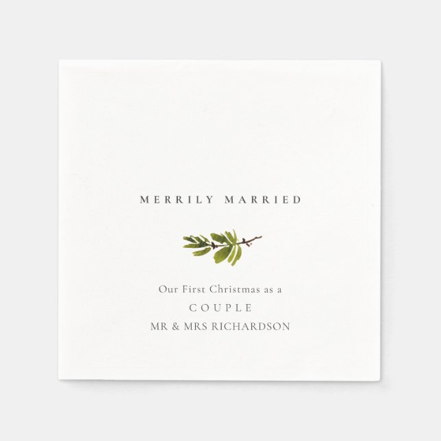 Pine Branch Our First Christmas Merrily Married Napkins (Front)