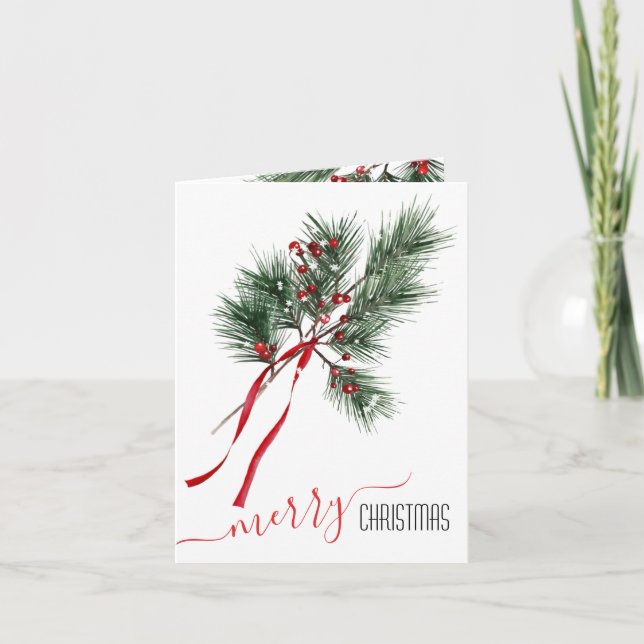 Pine Branch Red Berries And Ribbon Holiday Card (Front)