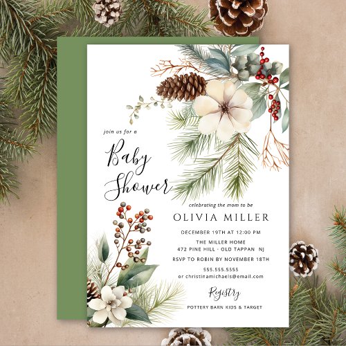 Pine Branch Winter Botanical Baby Shower  Invitation