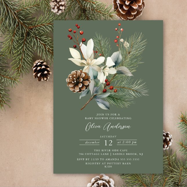 Pine Branch Winter Botanical Baby Shower Invitation (Creator Uploaded)