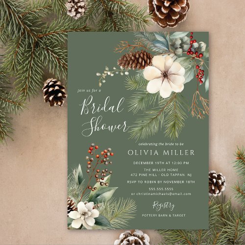 Pine Branch Winter Botanical Bridal Shower  Invitation