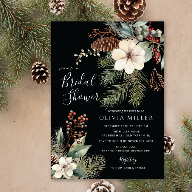 Pine Branch Winter Botanical Bridal Shower  Invitation (Creator Uploaded)