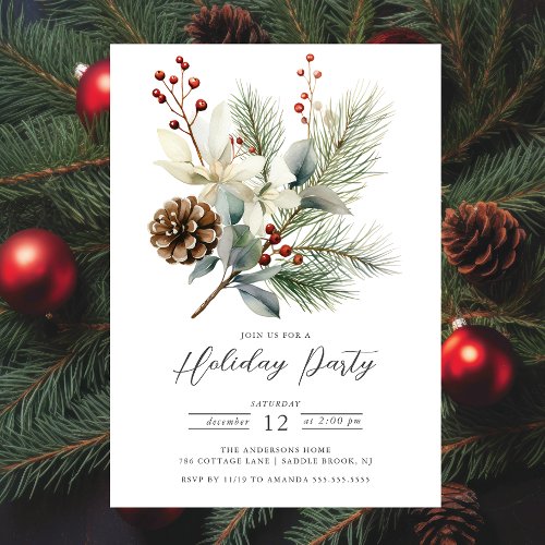 Pine Branch Winter Botanical Holiday Party Invitation