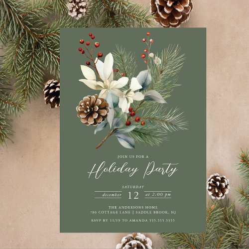 Pine Branch Winter Botanical Holiday Party Invitation