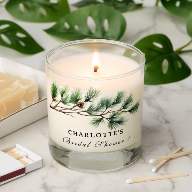 Pine Branch Winter Christmas Bridal Shower Favor Scented Candle (Lit)