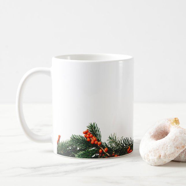 Pine Branch with Berries Greens Coffee Mug (With Donut)