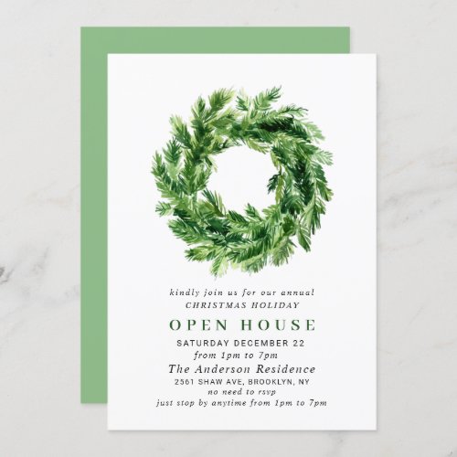 Pine Branch Wreath CHRISTMAS HOLIDAY OPEN HOUSE Invitation