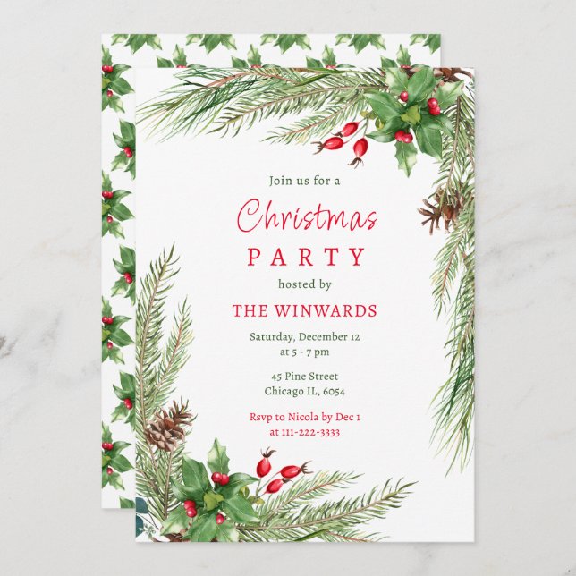 Pine Branches and Berries Christmas Party  Invitation (Front/Back)