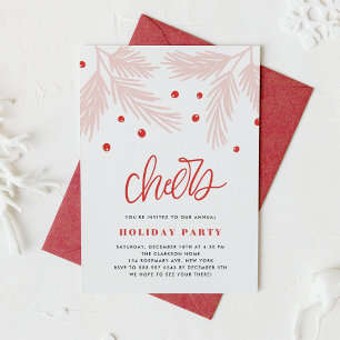 Pine Branches and Holly Berries Pink Holiday Party Invitation