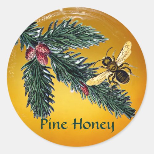 PINE BRANCHES AND HONEY BEE  BEEKEEPER BEEKEEPING CLASSIC ROUND STICKER