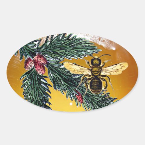 PINE BRANCHES AND HONEY BEE  BEEKEEPER BEEKEEPING OVAL STICKER