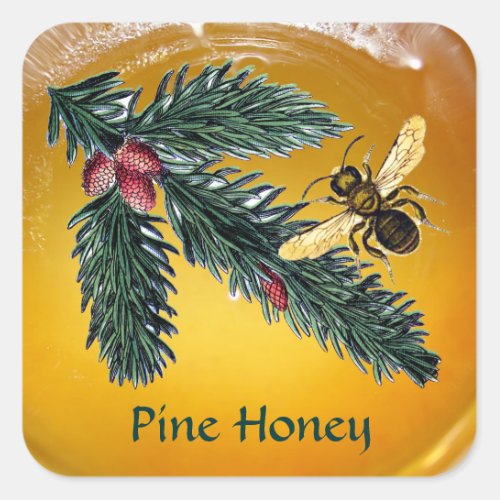 PINE BRANCHES AND HONEY BEE  BEEKEEPER BEEKEEPING SQUARE STICKER