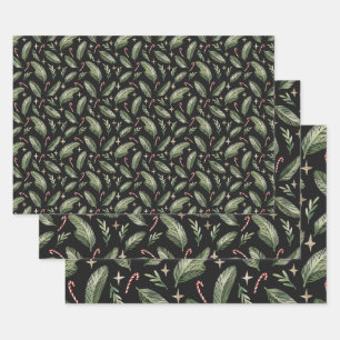 Pine Branches, Candy Canes and Stars Xmas Pattern Wrapping Paper Sheets