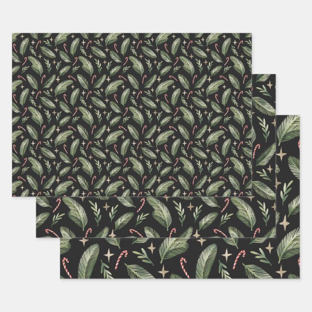 Pine Branches, Candy Canes and Stars Xmas Pattern Wrapping Paper Sheets (Set)