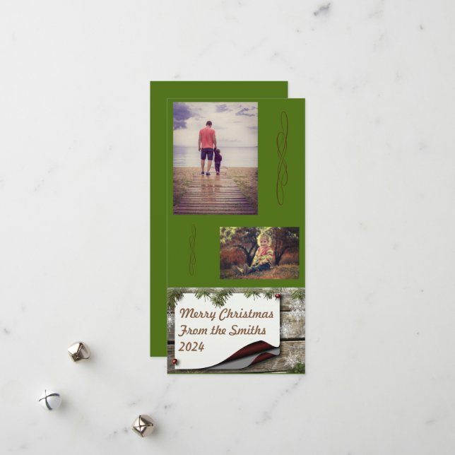 Pine Branches Green Background Christmas Holiday Card (Front/Back In Situ)