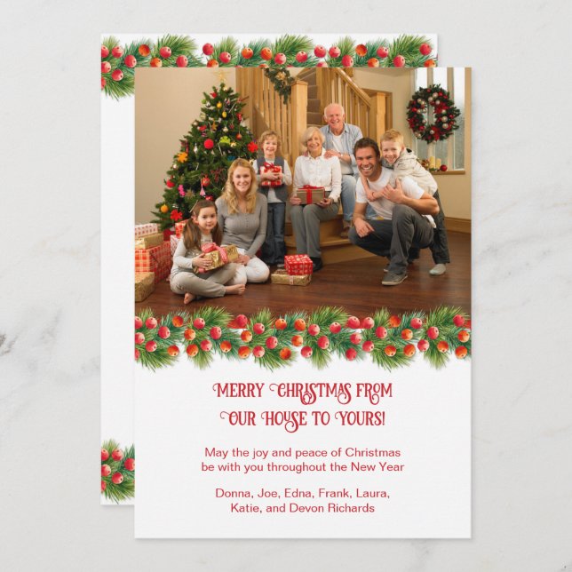 Pine Branches Holly Berries Photo Christmas Holiday Card (Front/Back)