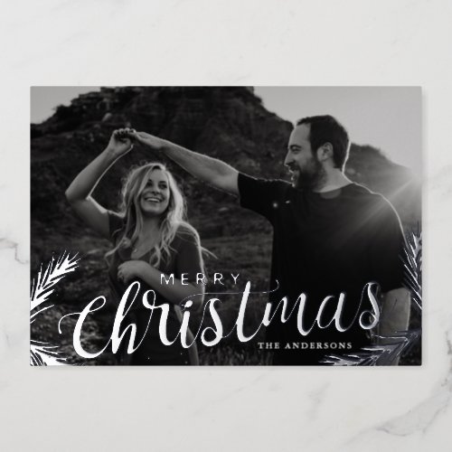 Pine Branches Merry Christmas Photo Silver Foil Holiday Card