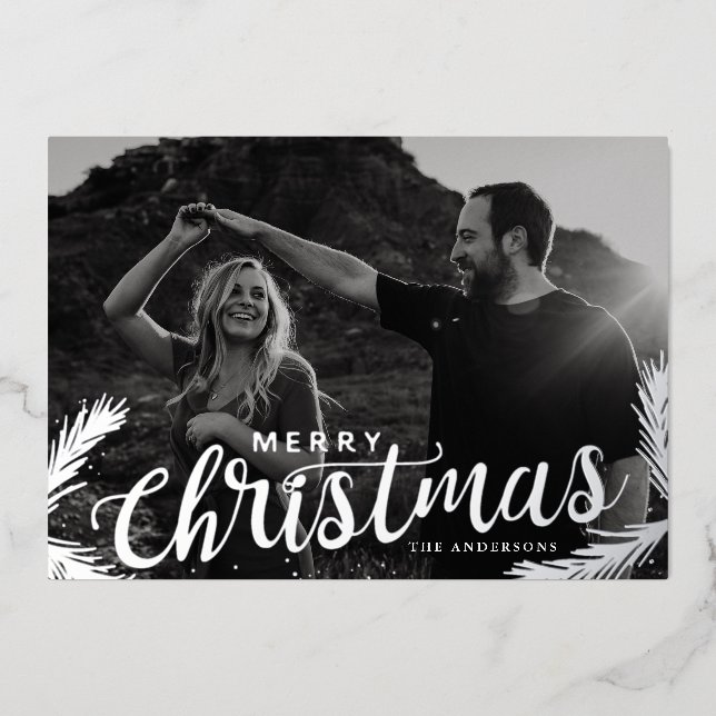 Pine Branches Merry Christmas Photo Silver Foil Holiday Card (Front)
