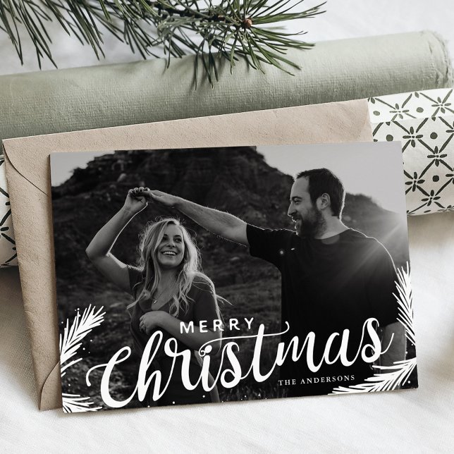 Pine Branches Merry Christmas Script Overlay Holiday Card (Creator Uploaded)