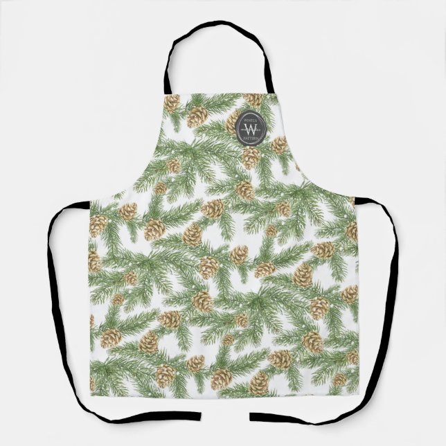 Pine Branches & Pine Cones Watercolor Pattern Apron (Front)
