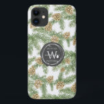 Pine Branches & Pine Cones Watercolor Pattern iPhone 11 Case<br><div class="desc">Beautiful watercolor pine branches and pine cones snowing pattern with a round watercolor badge and a monogram.
A lovely watercolor winter pattern.
Personalize by changing the background color,  the text or replacing the monogram with your own logo.</div>