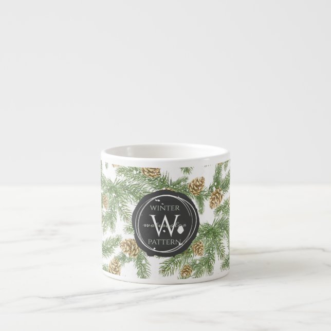 Pine Branches & Pine Cones Watercolor Pattern Espresso Cup (Front)