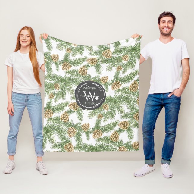 Pine Branches & Pine Cones Watercolor Pattern Fleece Blanket (In Situ)