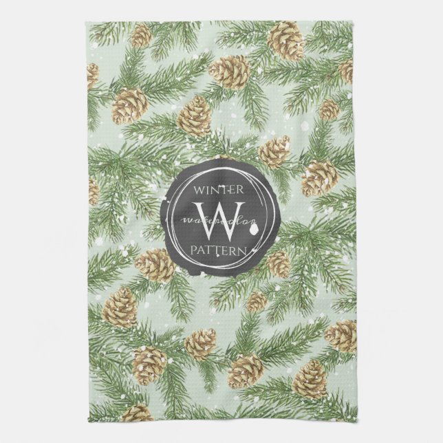 Pine Branches & Pine Cones Watercolor Pattern Kitchen Towel (Vertical)
