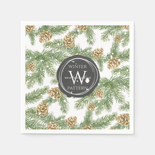 Pine Branches & Pine Cones Watercolor Pattern Napkins (Front)