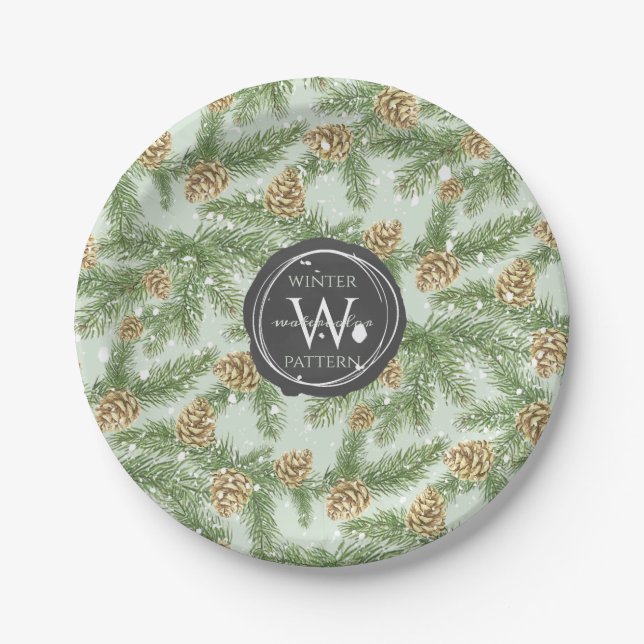 Pine Branches & Pine Cones Watercolor Pattern Paper Plates (Front)