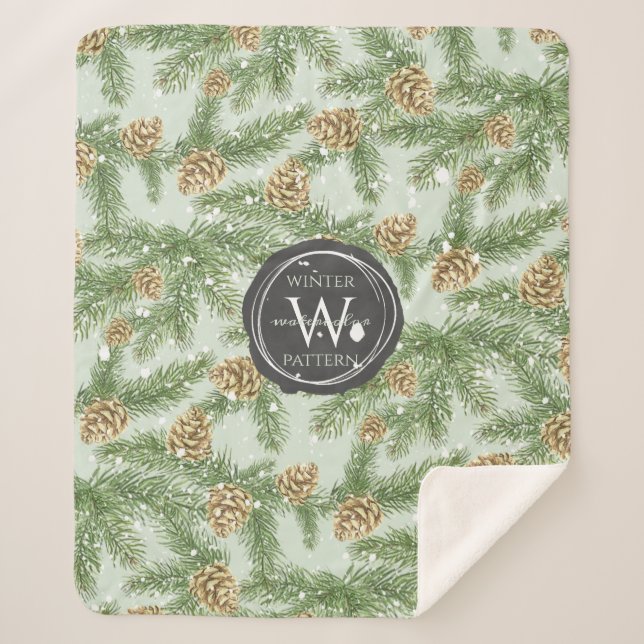 Pine Branches & Pine Cones Watercolor Pattern Sherpa Blanket (Front)