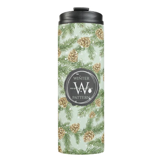 Pine Branches & Pine Cones Watercolor Pattern Thermal Tumbler (Front)