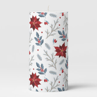 Pine Branches Poinsettia Berries Christmas Tree Pillar Candle
